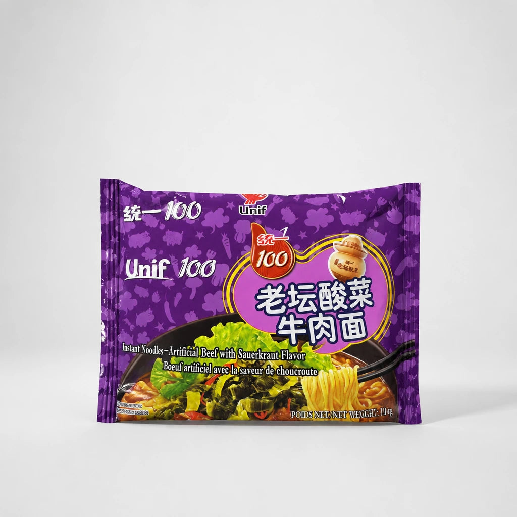 Unif 100 Instant Noodles Artificial Beef with Sauerkraut Flavor 110 g — Mr. Zhu's Asian Snack Store.